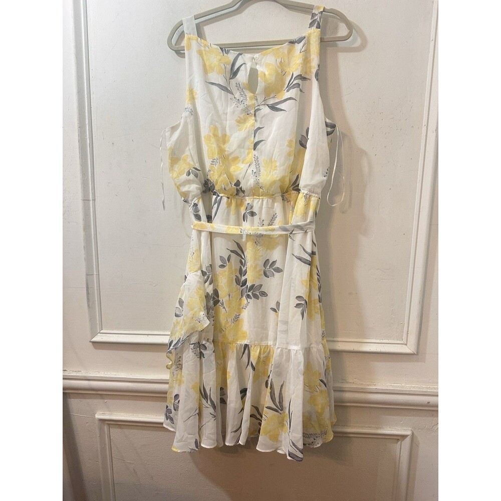 Lane Bryant Size 18 100% Yellow Gray Garden Floral Belted Flounce Ruffle Dress - Picture 11 of 12
